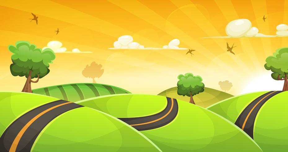 Paisaje de dibujos animados con carretera y sol brillante vector