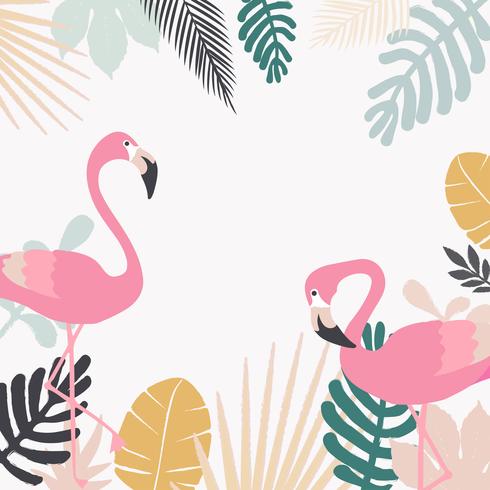 Fondo de hojas de selva tropical con flamencos. vector