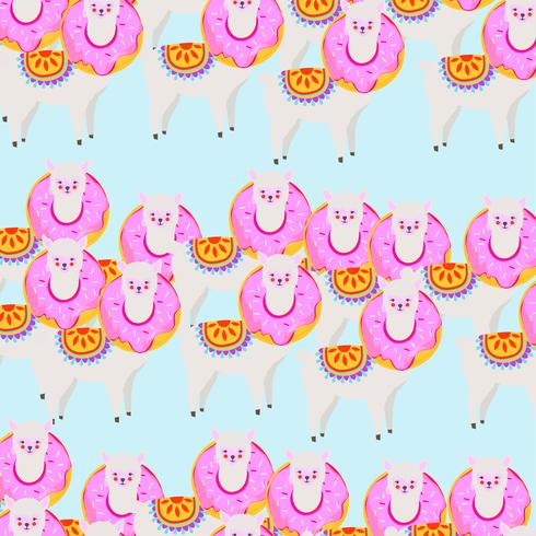 Colorful llama or alpaca with donut seamless pattern background vector