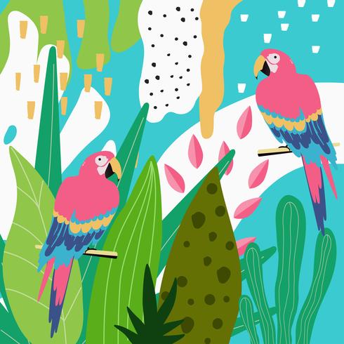 Tropical jungle leaves background with parrots vector