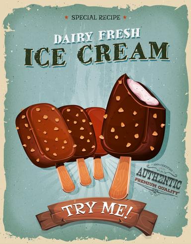 Grunge y helado de la vendimia en el palillo de madera poster vector