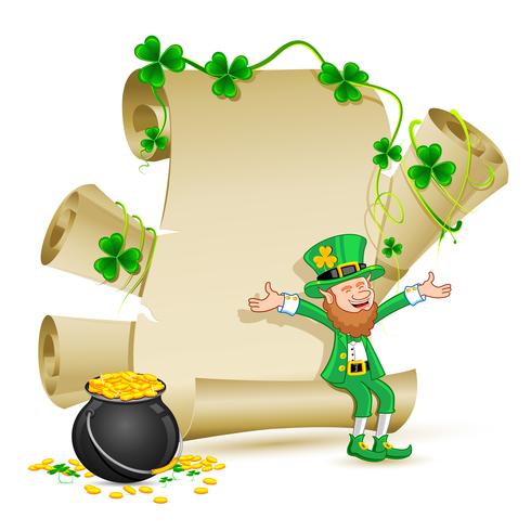 Leprechaun sitting on scroll paper with Gold Coin Pot vector