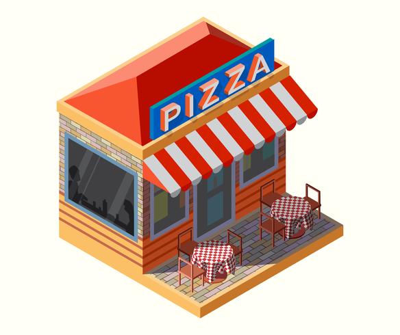 Ilustración isométrica de una pizzería, vector
