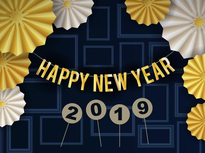 Feliz año nuevo 2019 diseño de fondo con patrón radial de círculo vector