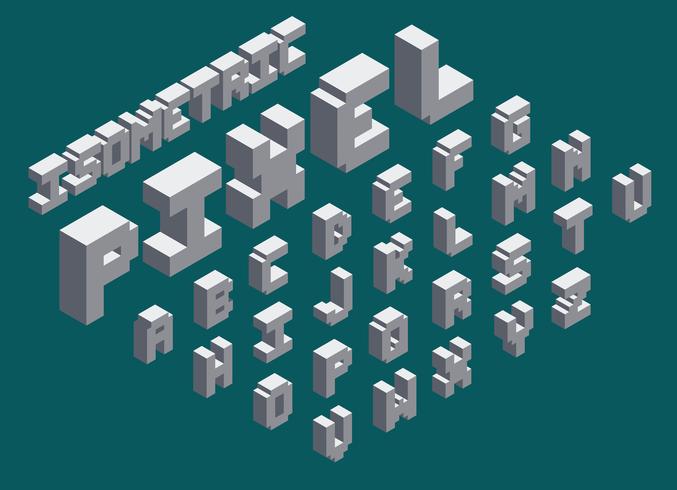 3d isometric pixel font set vector