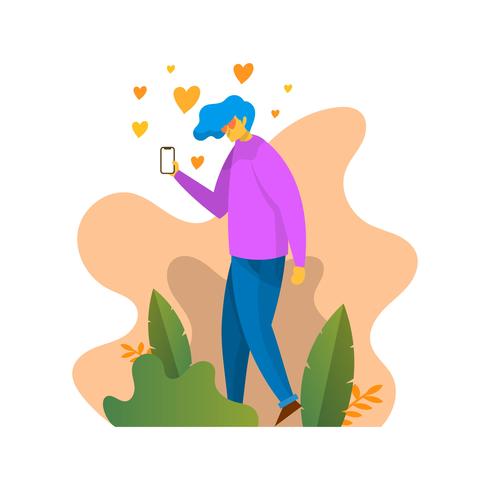 Niño plano con ojos de corazón con ilustración vectorial de Smartphone vector