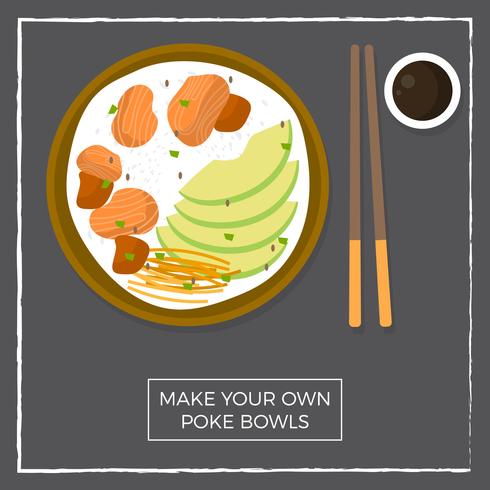 Flat Top View Hawaiian Poke Bowl With Salmon and Avocado Vector illustration 