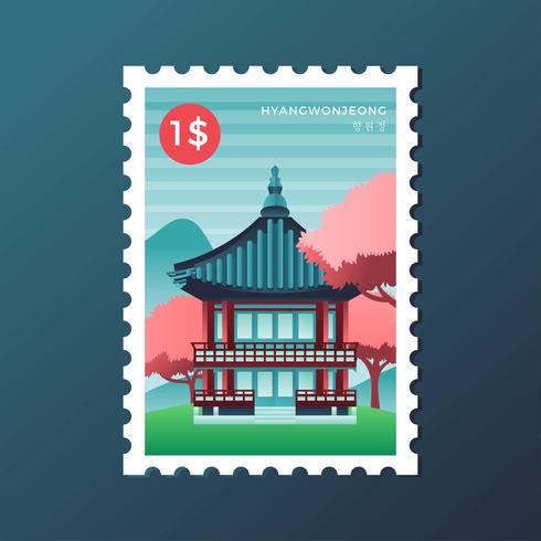 Estampilla de correos del pabellón Hyangwonjeong en Seúl vector