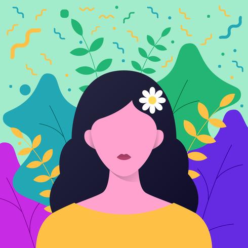 Chica con flores en el pelo largo con fondo floral elemento vector