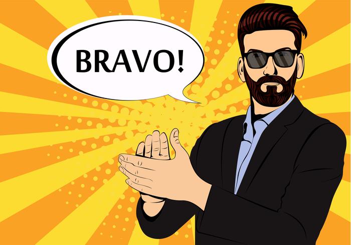 Hipster beard businessman applause bravo concept of success retro style pop art. Businessman in glasses in comic style. Success concept vector illustration.