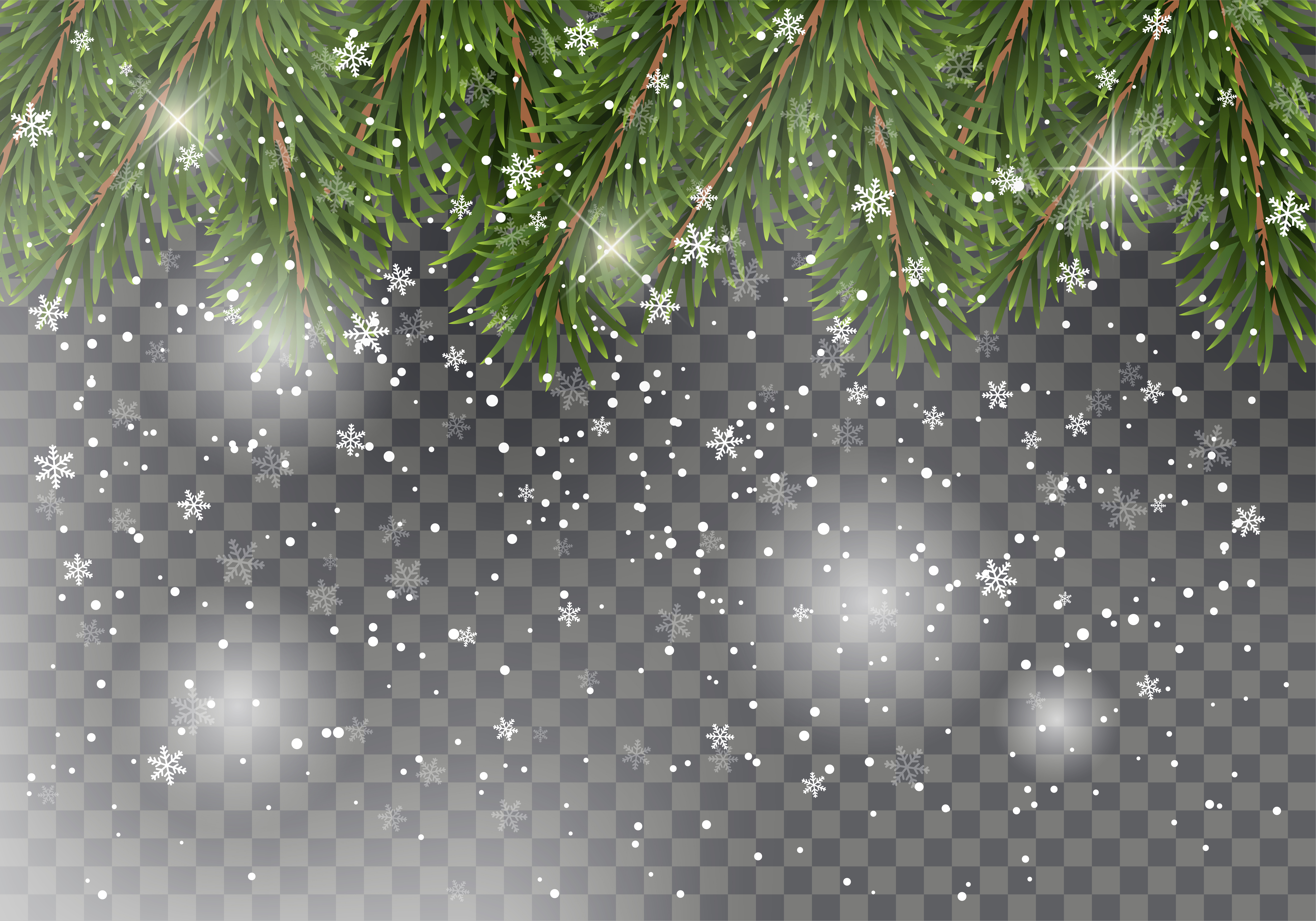 Christmas fir tree branches on transparent background with falling snow