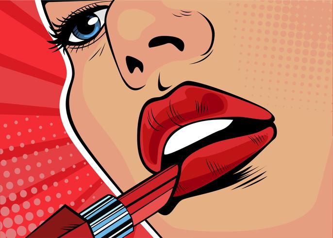 Niña pinta sus labios con lápiz labial rojo. La belleza de la cara, el maquillaje. Ilustración en estilo pop art comic retro. vector