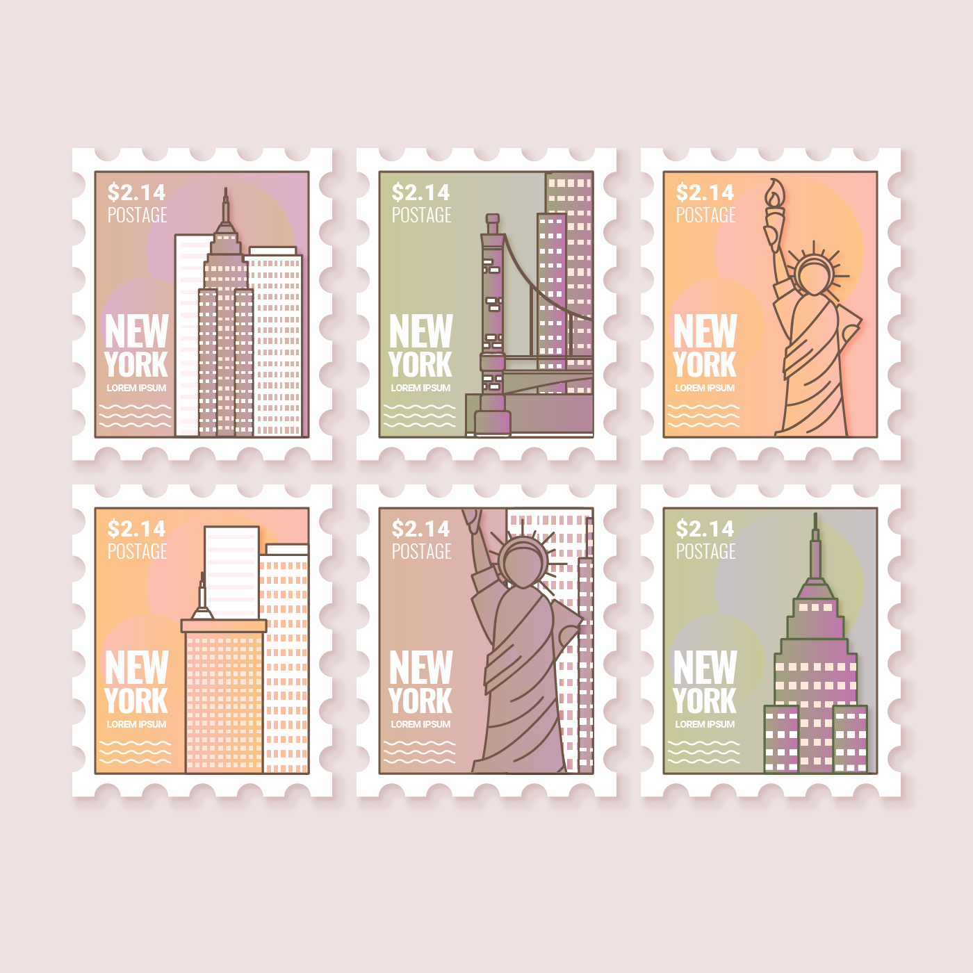 Set of creative post stamps with different countries landmarks and symbols.  Fun postage stamp vector designs for using on envelopes. Mail and post  office concept. Stock Vector