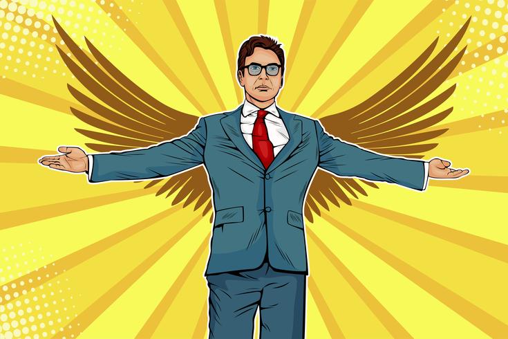 Businessman with widely spread arms and wings. Business angel, investmentor or sponsor concept. Illustration in pop art retro comic style vector