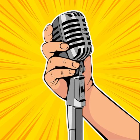 Hand hold microphone cartoon vector illustration. Retro poster comimc book performance. Entertainment halftone background.