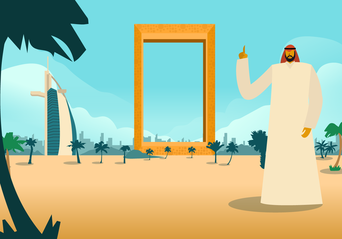 Hombre de pie en la vista de Dubai Vector ilustración de fondo