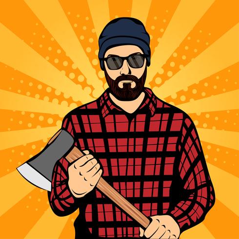 Hipster beard man holding the axe, lumberjack label badge, retro style, pop art, vector illustration