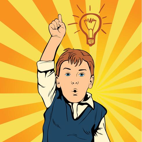 Children idea with draft lamp. Creative  boy came up with the idea. The man at work. Retro style pop art vector