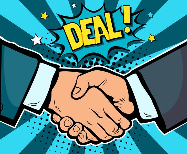 Handshake business deal contract, partnership and teamwork, pop art retro comic book vector illustration. Business concept 