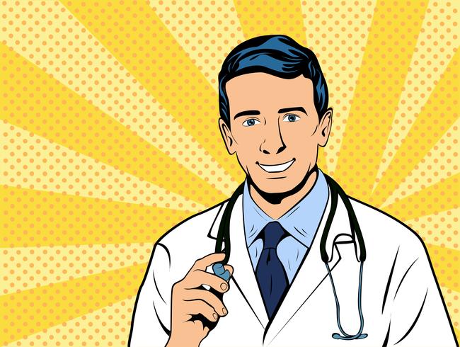 Doctor therapist medicine and health. Confident Mature Doctor Profession white coat stethoscope pop art retro style illustration. vector