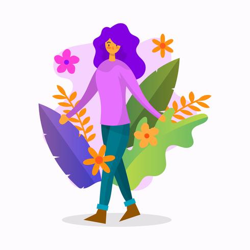 Flat Girl With Colourful Flower Vector Illustration