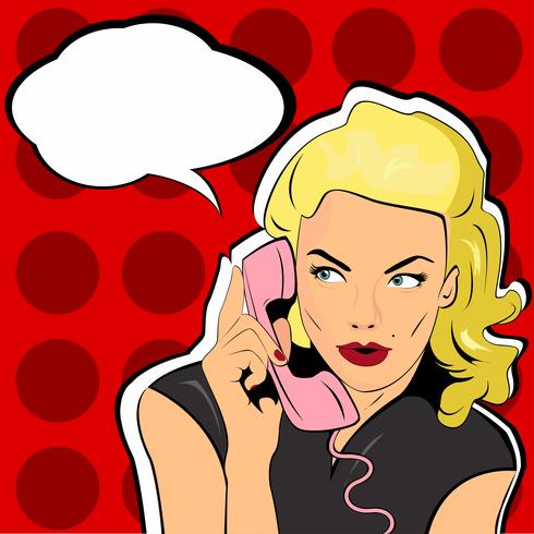 Pop Art vector illustration of woman with the speech bubble ant retro telephone. . Party invitation. Birthday greeting card. Call me.  surprised by the call. Vintage pop art poster