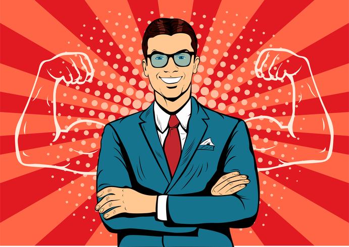 Man with muscles currency dollar pop art retro style. Strong Businessman in glasses in comic style. Success concept vector illustration.