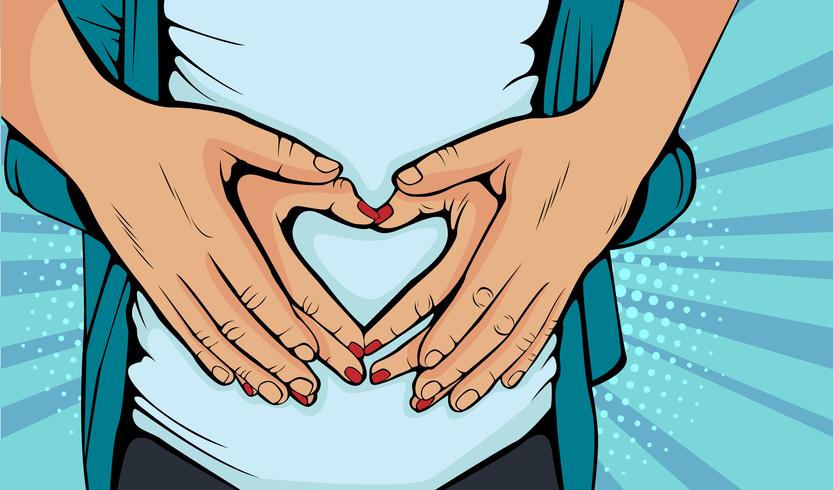 Man holding belly of his pregnant wife making heart. Pregnant woman and loving husband hugging tummy. Illustration in pop art retro comic style vector