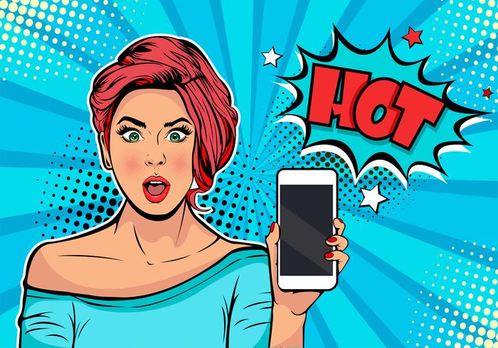 Chica con teléfono en la mano y discription Hot. Mujer con smartphone. Publicidad digital. Algunas noticias o concepto de venta. Wow, omg emoción. Ejemplo cómico de la historieta en estilo retro del arte pop. vector