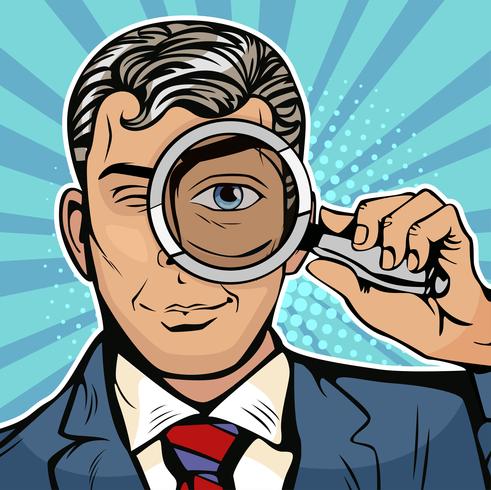 The man is a detective looking through magnifying glass search. Illustration in pop art retro comics style vector