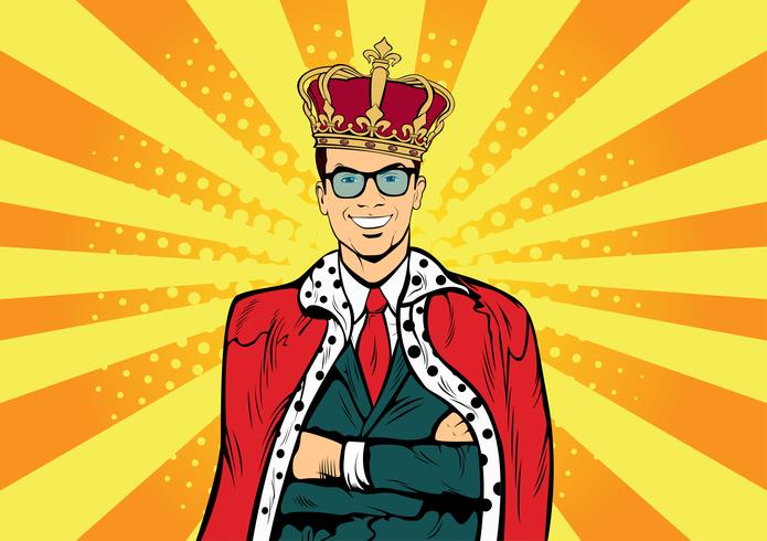 Rey de los negocios. Hombre de negocios con corona. Hombre líder, jefe de éxito, ego humano. Comic retro del arte pop se ahoga ilustración vectorial. vector