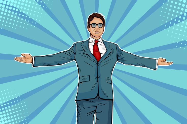 Businessman widely spread his arms as a winneer. Meeting other people. Domination and showing of success.  Vector illustration in pop art retro comic style