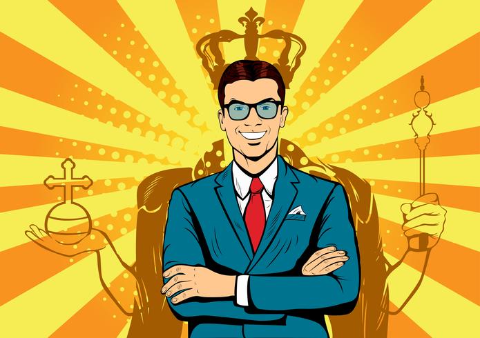 Business king. Businessman with shadow as king. Man leader, success boss, human ego. Retro pop art comic drown illustration. vector