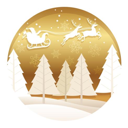 Christmas round illustration with forest, Santa Claus, and reindeer. vector