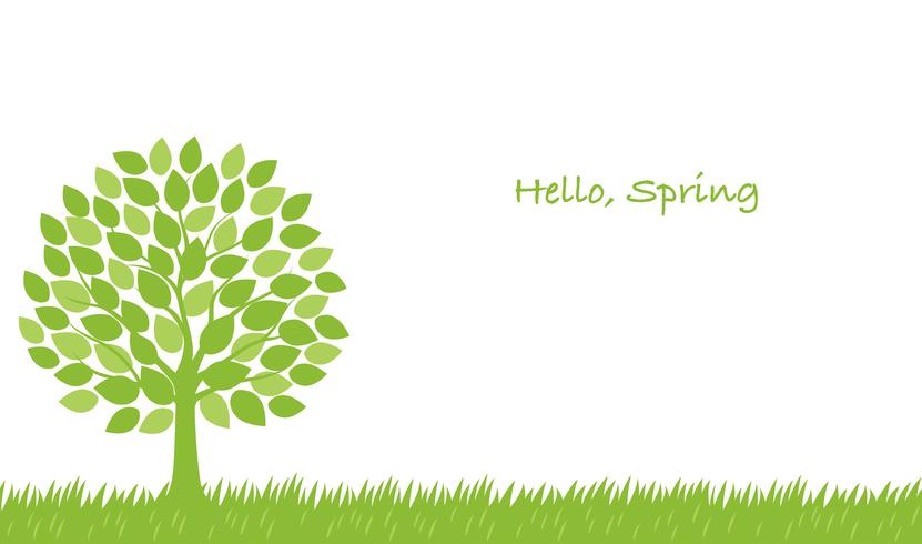 Seamless springtime vector illustration with a tree, grassy field, and text space. 