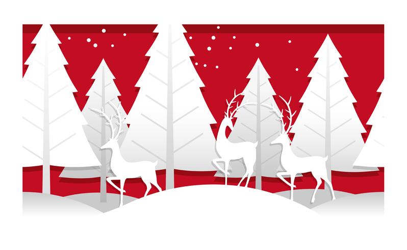 Ilustración de Navidad con bosque de invierno y renos. vector