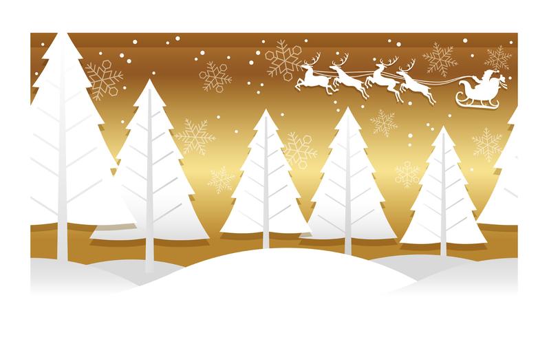 Christmas illustration with winter forest, reindeer, and Santa Claus. vector