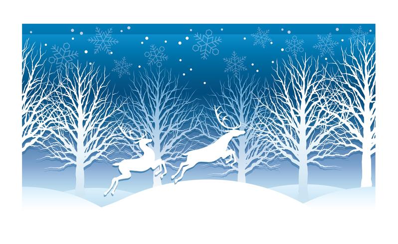 Christmas illustration with winter forest and reindeer.  vector