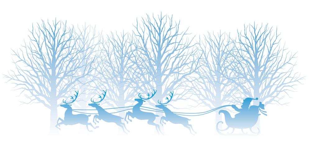 Christmas illustration with forest, Santa Claus, and reindeer. vector