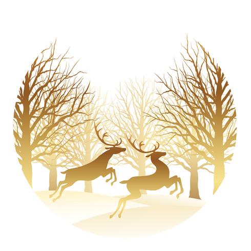 Christmas round illustration with forest and reindeer. vector