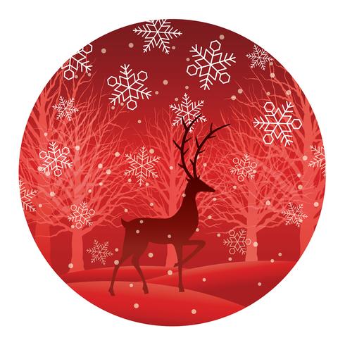 Christmas round illustration with forest and reindeer. vector