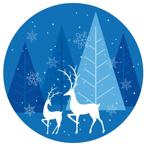 Winter forest circle background with reindeers. vector