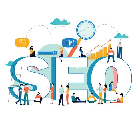 SEO, optimización de motores de búsqueda, investigación de palabras clave, estudio de mercado, ilustración vectorial plana vector