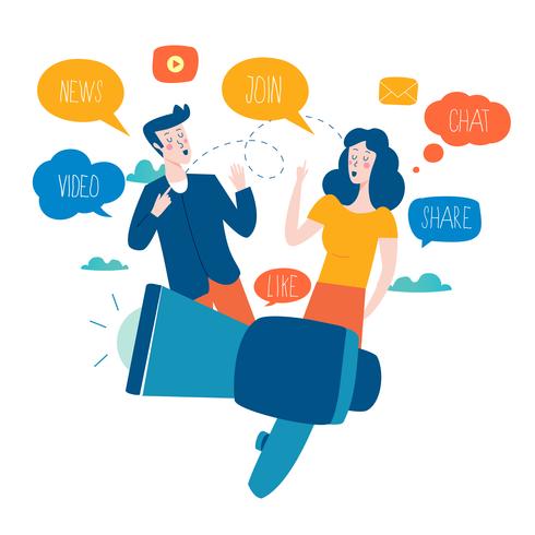Social media, networking, chatting, texting, communication, online community, posts, comments, news flat vector illustration
