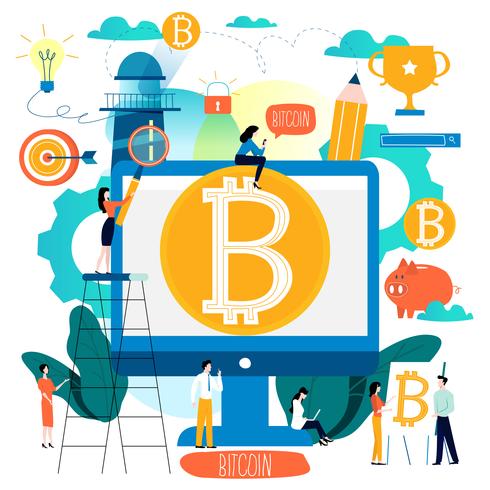 Bitcoin, tecnología blockchain, ilustración vectorial plana de intercambio criptográfico para móviles y gráficos web vector