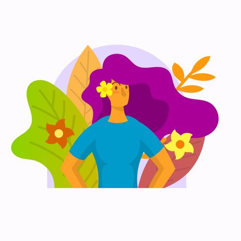 Flat Girl Character With Flower Vector Illustration