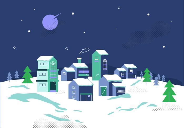 Winter Village Background At Night Vector Illustration