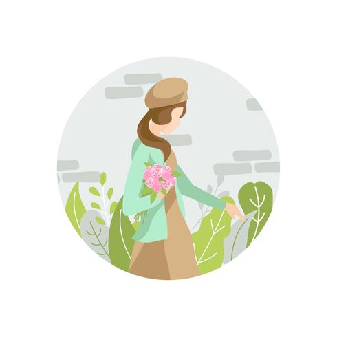 GIrl With A Bunch Of Flower Walking At The Country vector