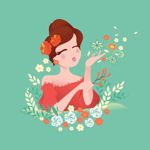 Girl Blowing Leaf and Flower vector