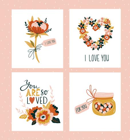 Ilustracion vectorial Plantillas de tarjetas de felicitación del día de San Valentín con letras de amor. vector